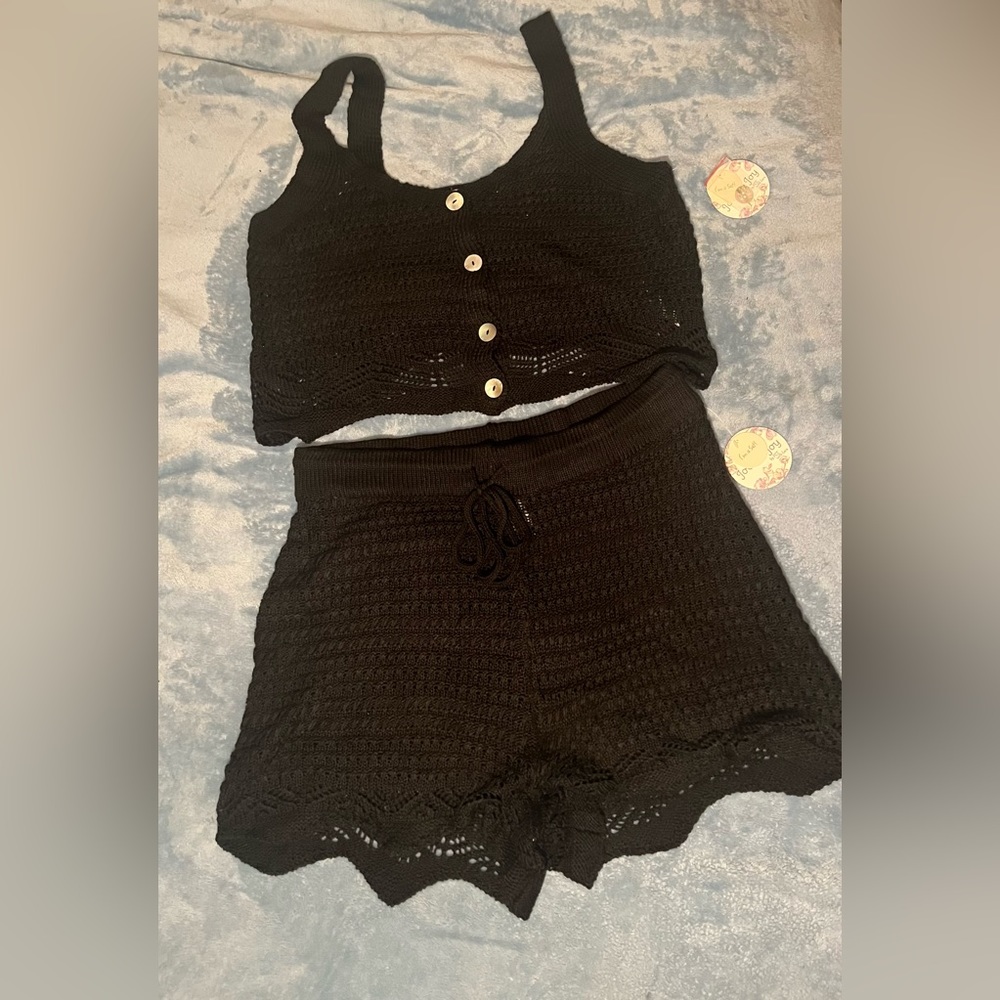 Black 2 Piece Crochet Short Set  🔥New🔥
